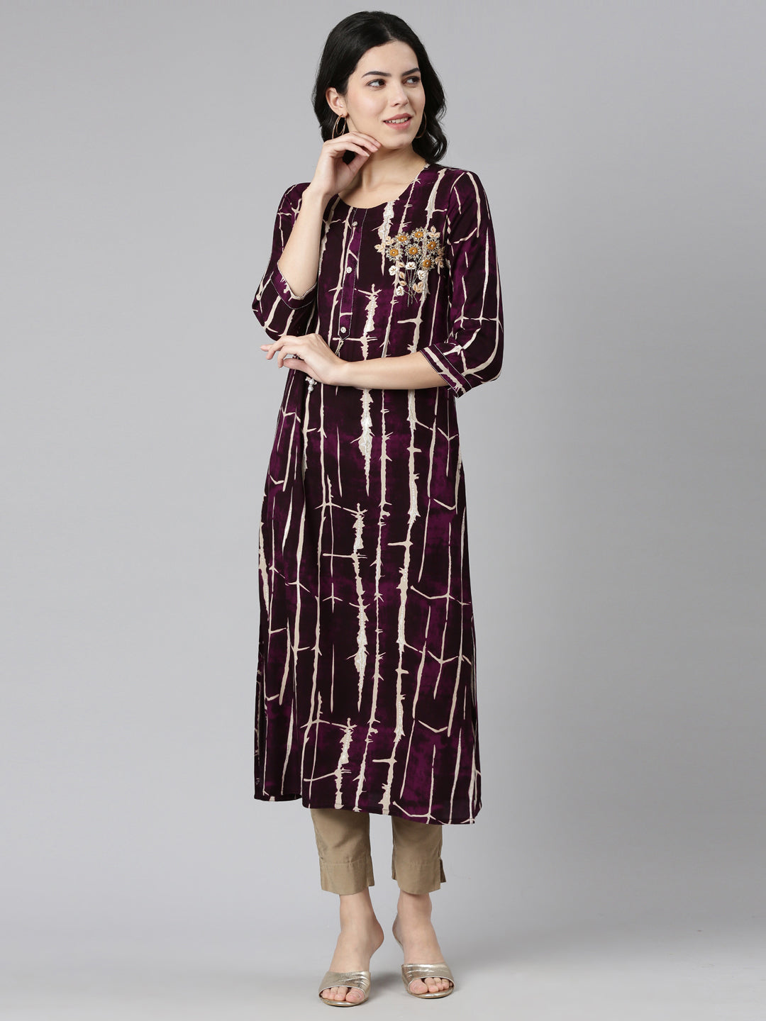 Neerus Purple printed straight kurti - front view