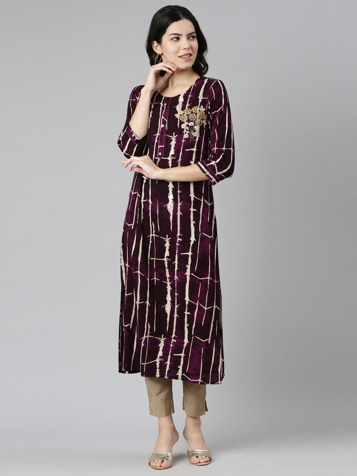Neerus Purple printed straight kurti - front view