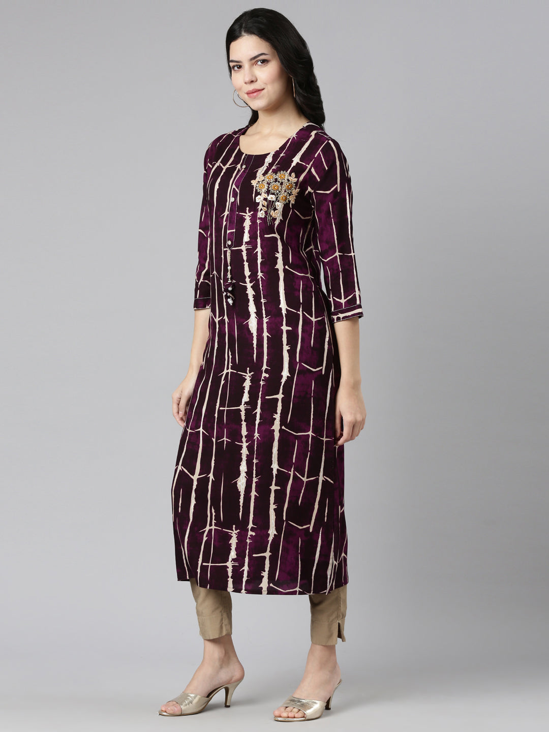 Neerus Purple printed straight kurti - back view