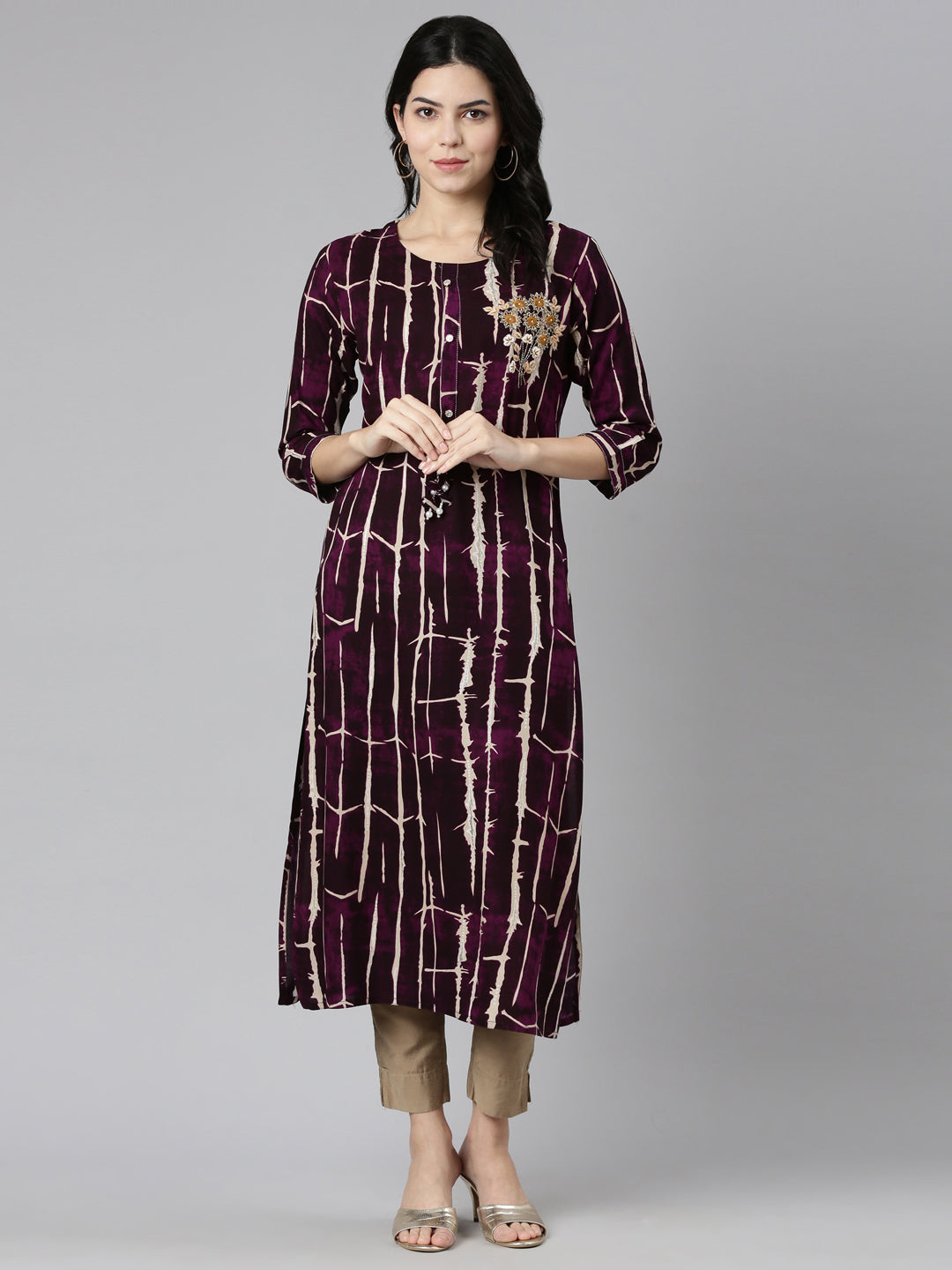 Neerus Purple printed straight kurti - detail view 2