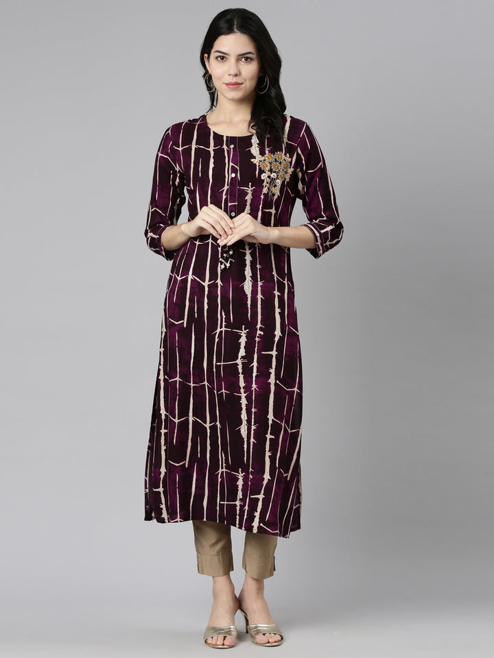 Neerus Purple printed straight kurti - detail view 2
