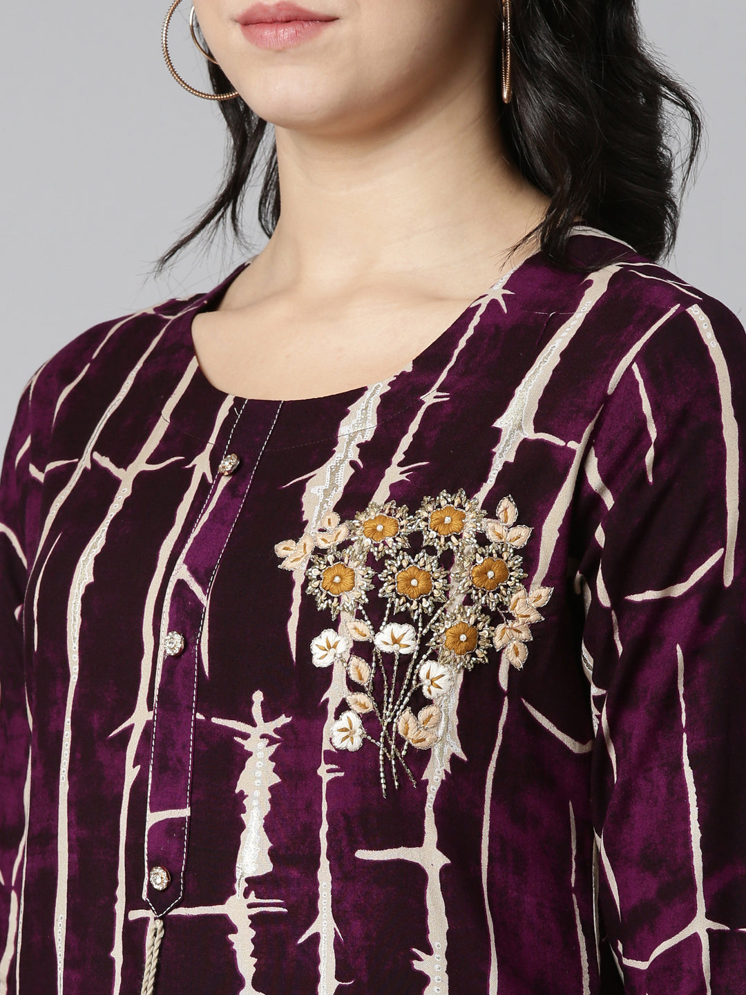 Neerus Purple printed straight kurti - detail view 1