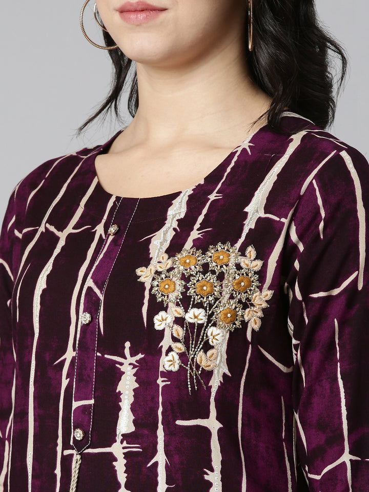 Neerus Purple printed straight kurti - detail view 1