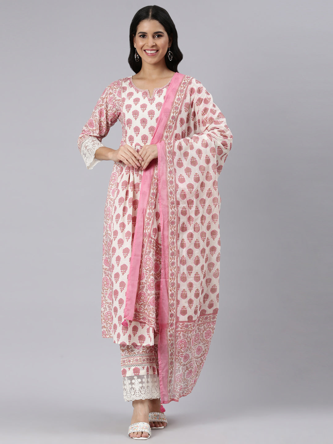 Neerus Pink Pleated Straight Printed Kurta and Trousers With Dupatta