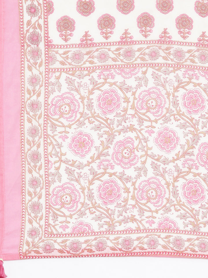 Neerus Pink Pleated Straight Printed Kurta and Trousers With Dupatta