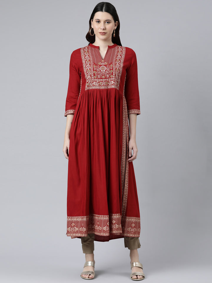 Neerus Women Red Floral Yoke Design Anarkali Kurta