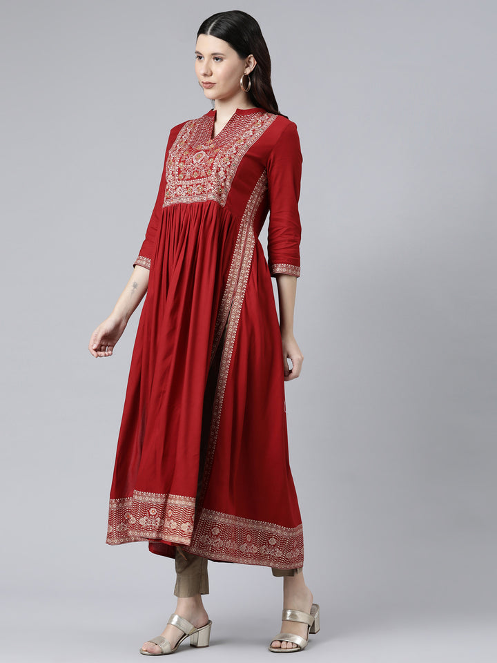 Neerus Women Red Floral Yoke Design Anarkali Kurta