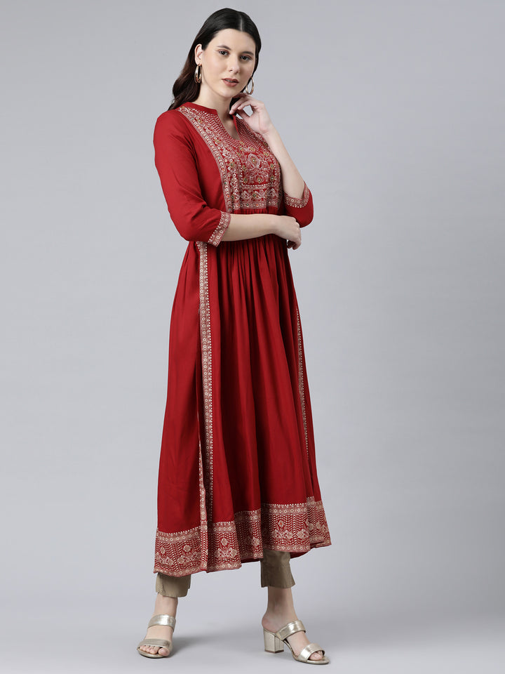 Neerus Women Red Floral Yoke Design Anarkali Kurta