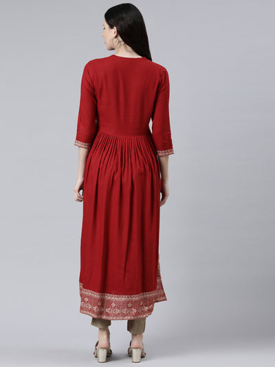 Neerus Women Red Floral Yoke Design Anarkali Kurta