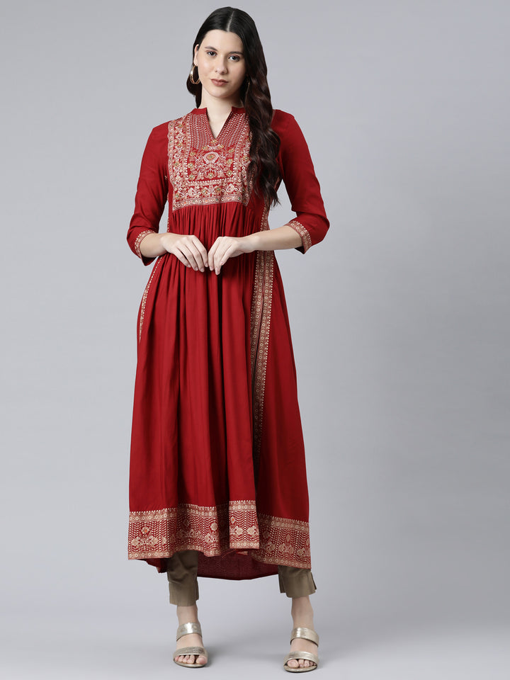 Neerus Women Red Floral Yoke Design Anarkali Kurta