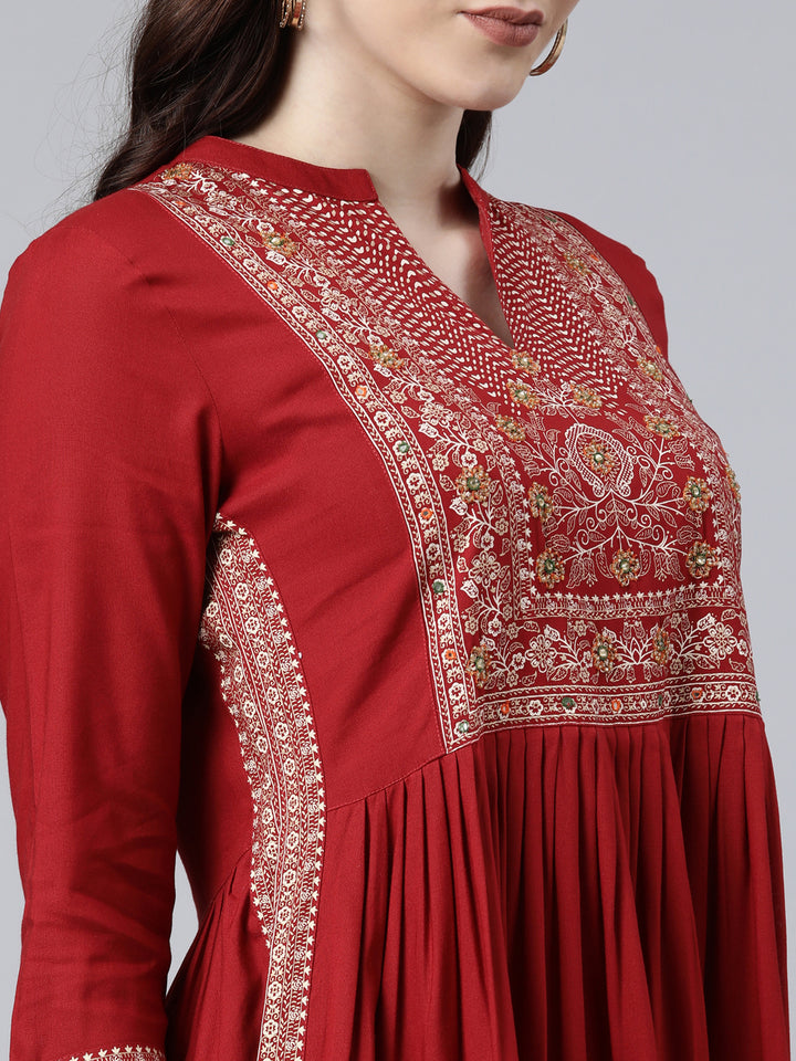Neerus Women Red Floral Yoke Design Anarkali Kurta