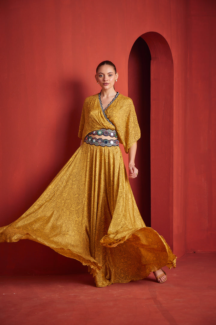 Neerus Womens Mustard Color Georgette Fabric Fusion Suit Set