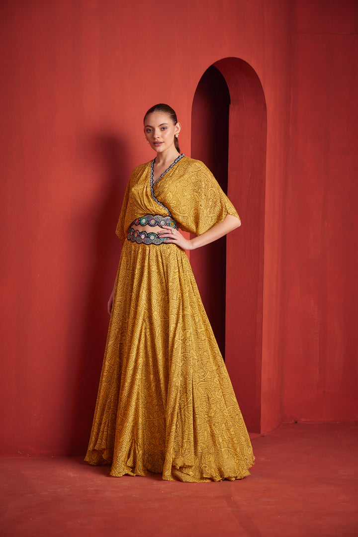 Neerus Womens Mustard Color Georgette Fabric Fusion Suit Set