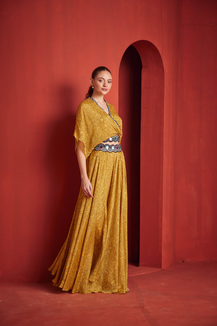 Neerus Womens Mustard Color Georgette Fabric Fusion Suit Set