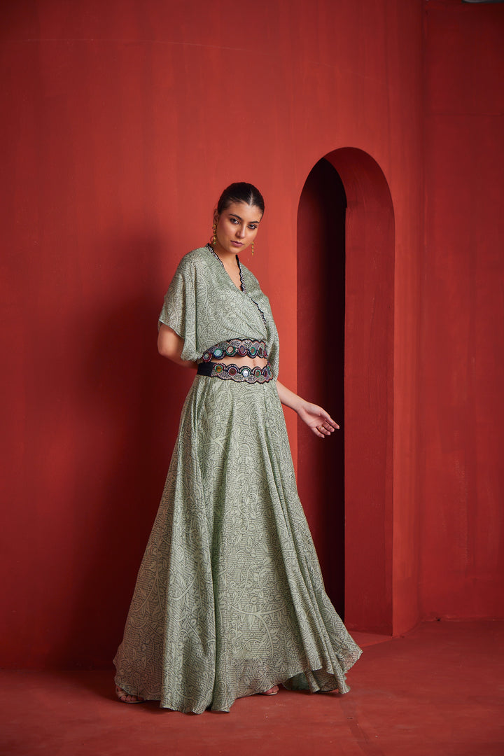 Neerus Womens Pista Color Georgette Fabric Fusion Set