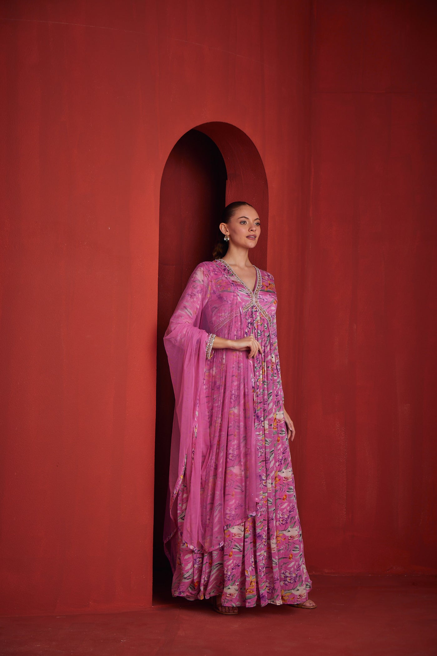 NEERU'S WOMENS PINK COLOR CREPE FABRIC GOWN