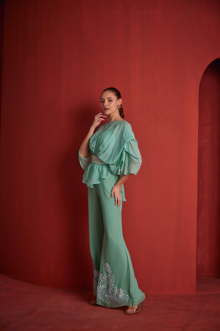 Neerus Green shantoon printed suit set - back view