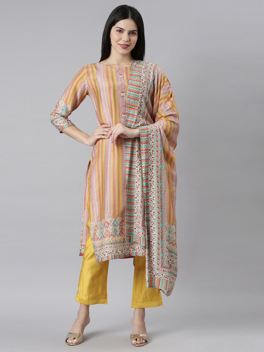 Neerus Yellow printed chevron kurta set with dupatta - front view