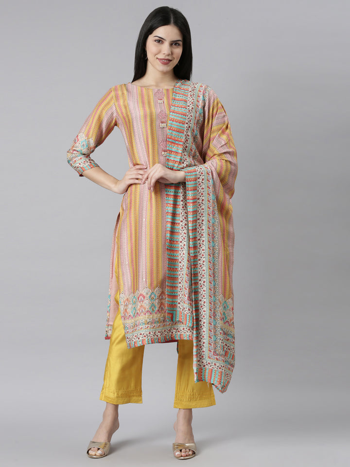 Neerus Yellow printed chevron kurta set with dupatta - front view