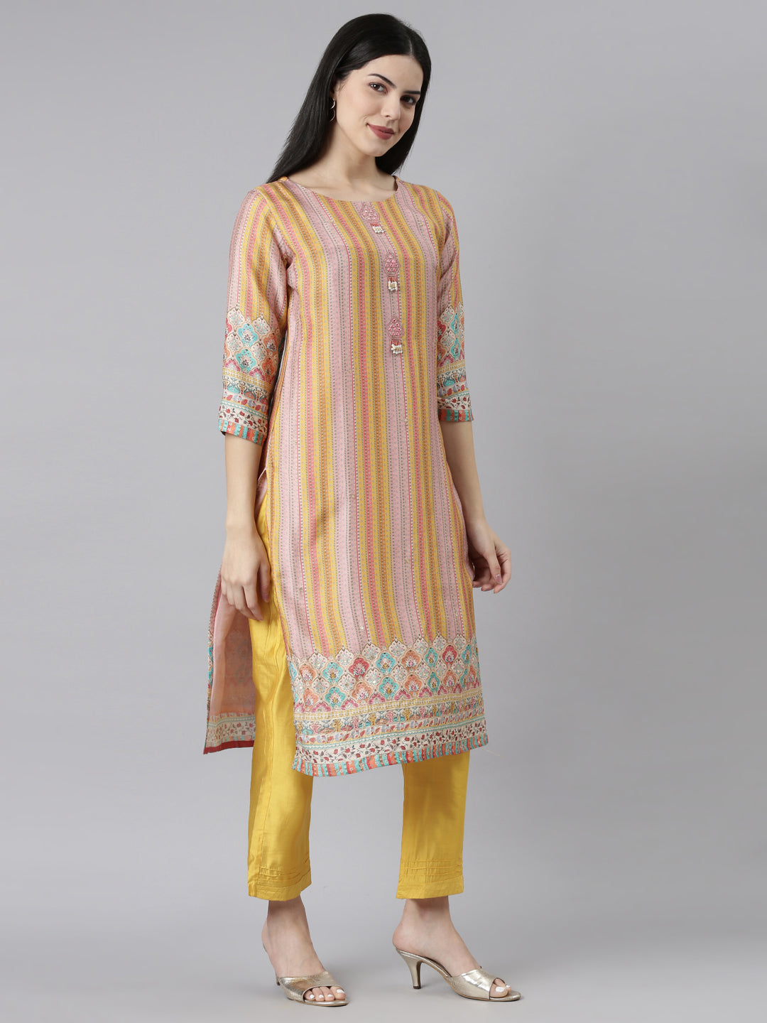 Neerus Yellow printed chevron kurta set with dupatta - back view