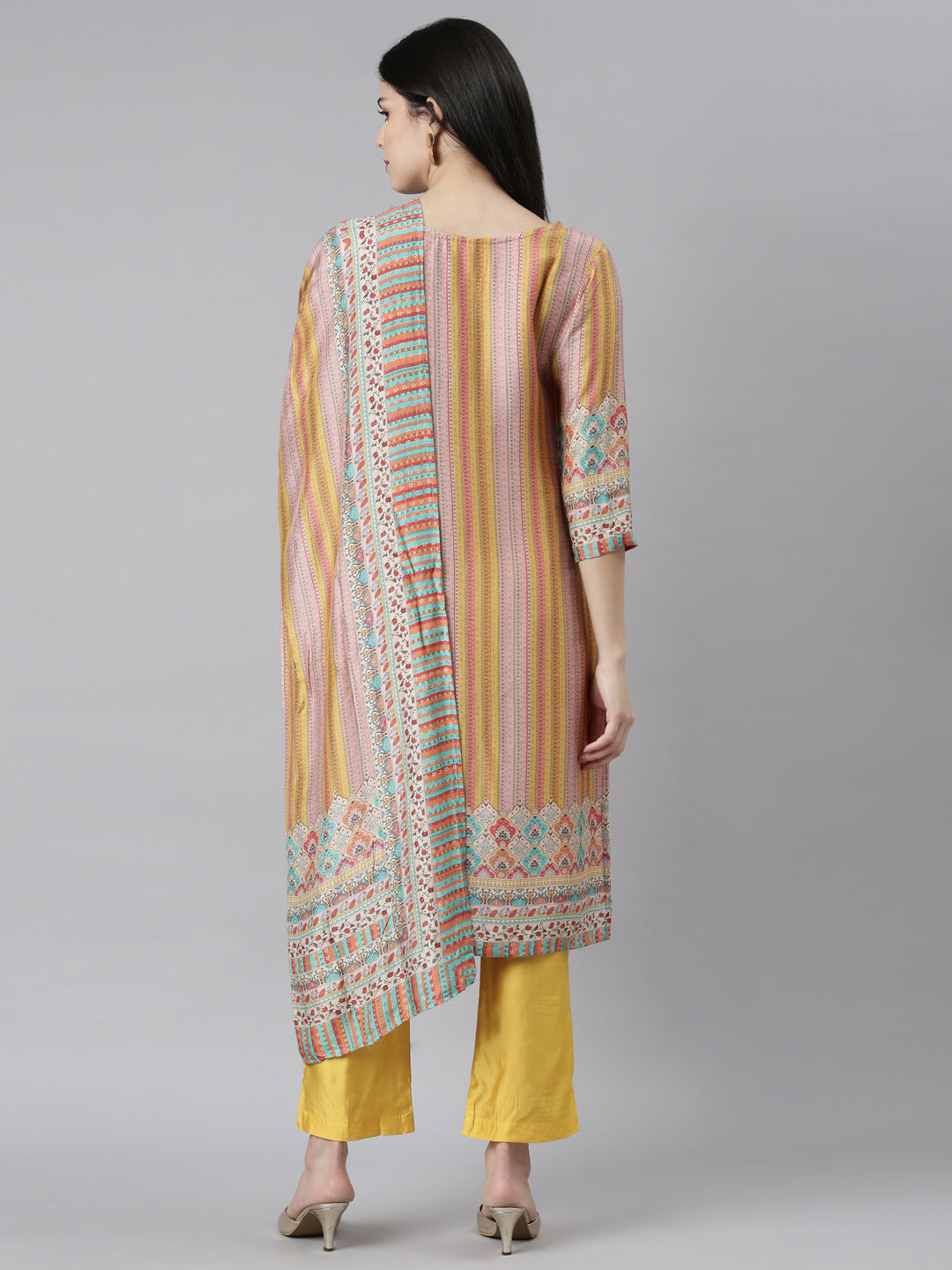 Neerus Yellow printed chevron kurta set with dupatta - side view