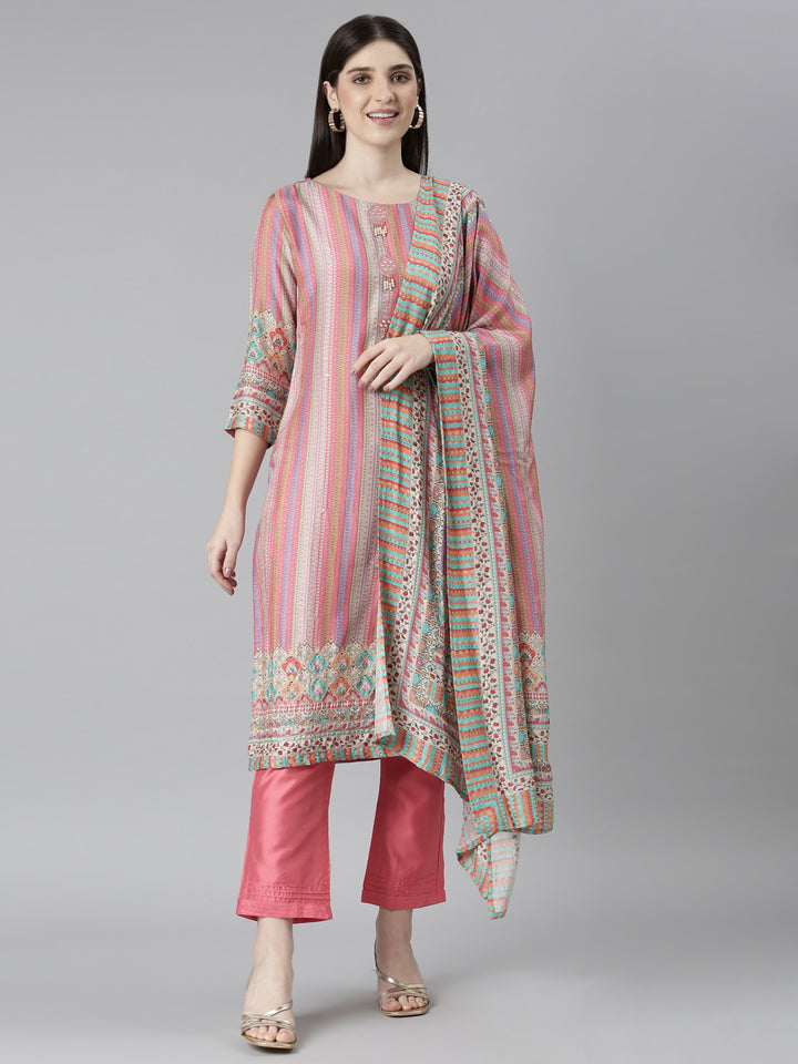 Neerus Pink printed straight kurta set with trouser and dupatta - front view