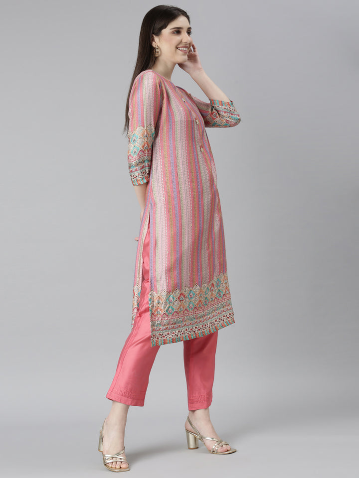 Neerus Pink printed straight kurta set with trouser and dupatta - back view