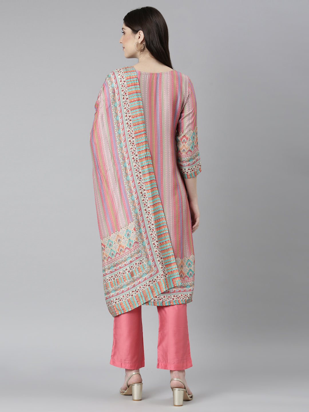 Neerus Pink printed straight kurta set with trouser and dupatta - side view