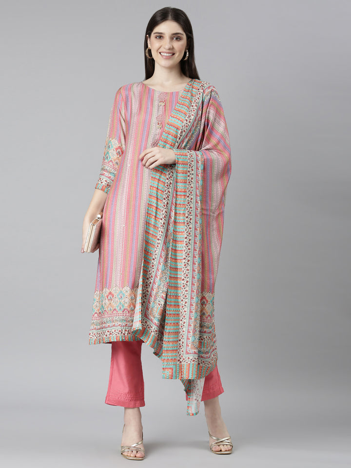 Neerus Pink printed straight kurta set with trouser and dupatta - detail view 1
