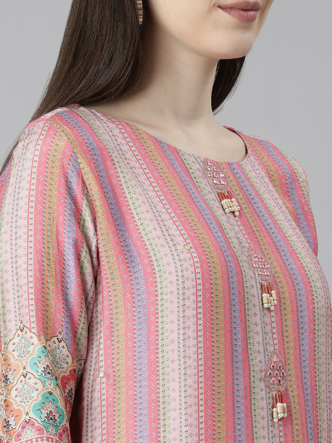 Neerus Pink printed straight kurta set with trouser and dupatta - detail view 2