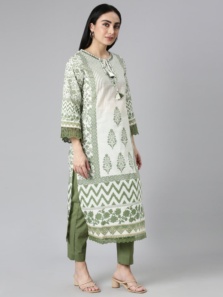 Neerus Green Regular Straight Printed Kurta and Trousers With Dupatta