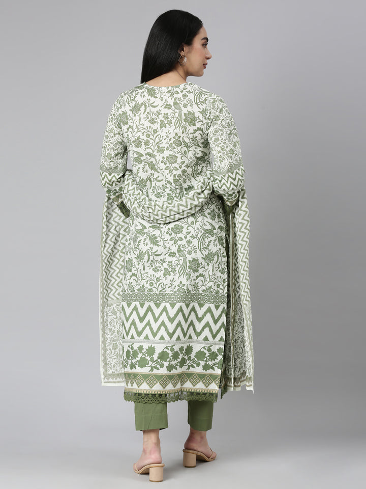 Neerus Green Regular Straight Printed Kurta and Trousers With Dupatta