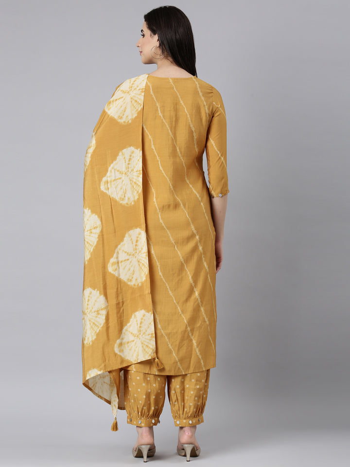 Neerus Yellow cotton printed striped suit set - side view