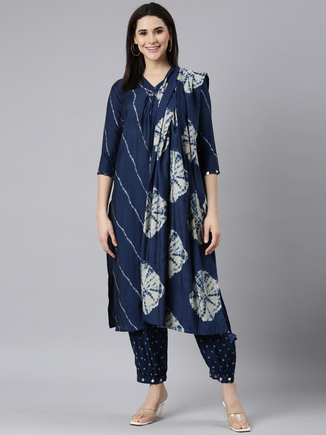 Neerus Blue printed striped suit set straight kurta salwar dupatta - front view