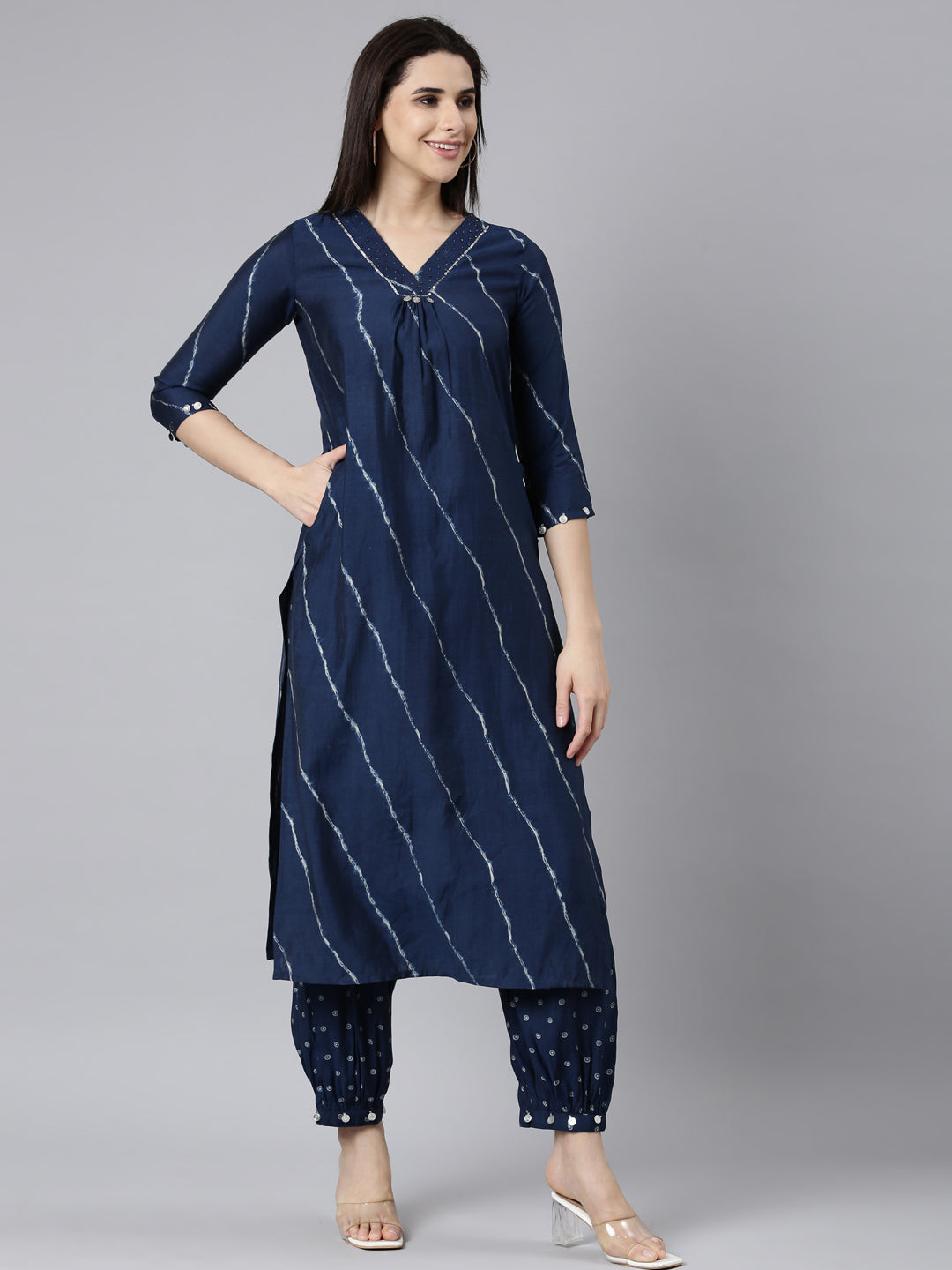 Neerus Blue printed striped suit set straight kurta salwar dupatta - back view