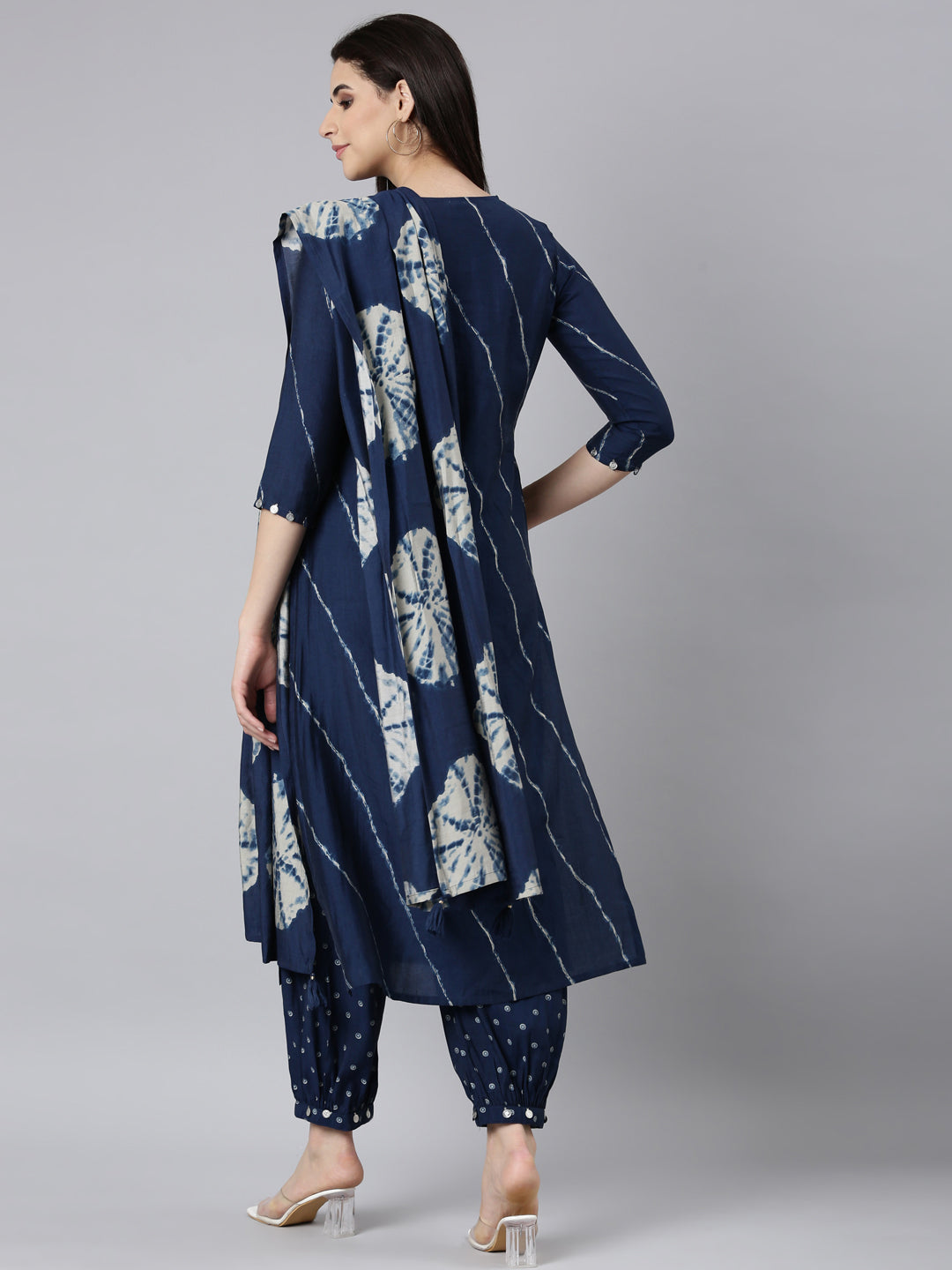 Neerus Blue printed striped suit set straight kurta salwar dupatta - side view