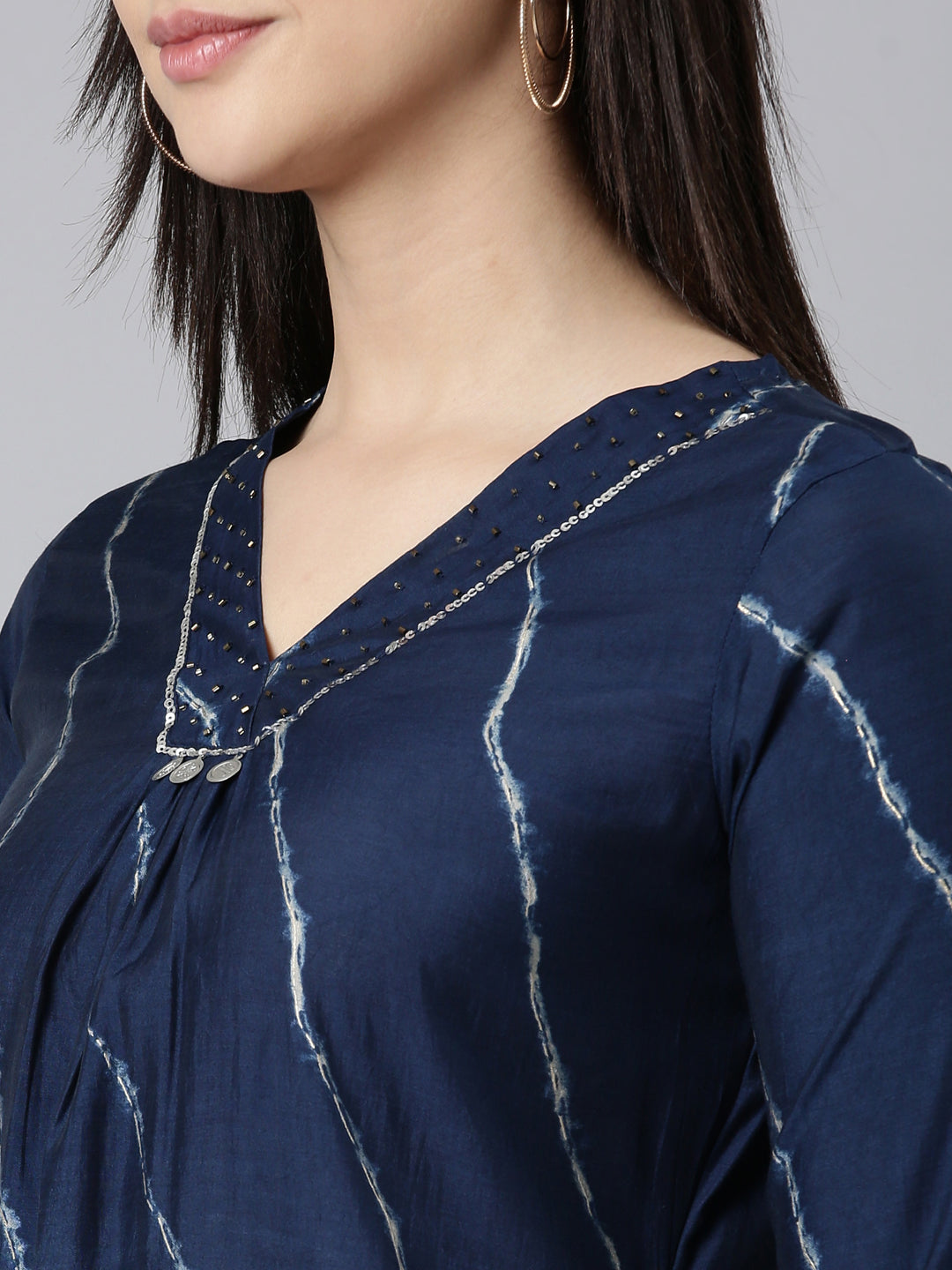 Neerus Blue printed striped suit set straight kurta salwar dupatta - detail view 1