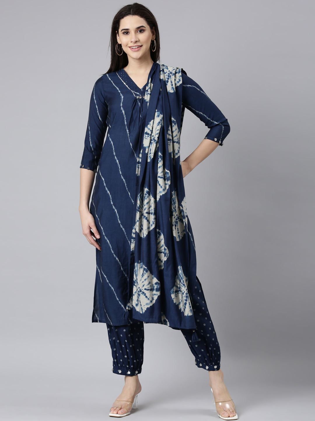 Neerus Blue printed striped suit set straight kurta salwar dupatta - detail view 2