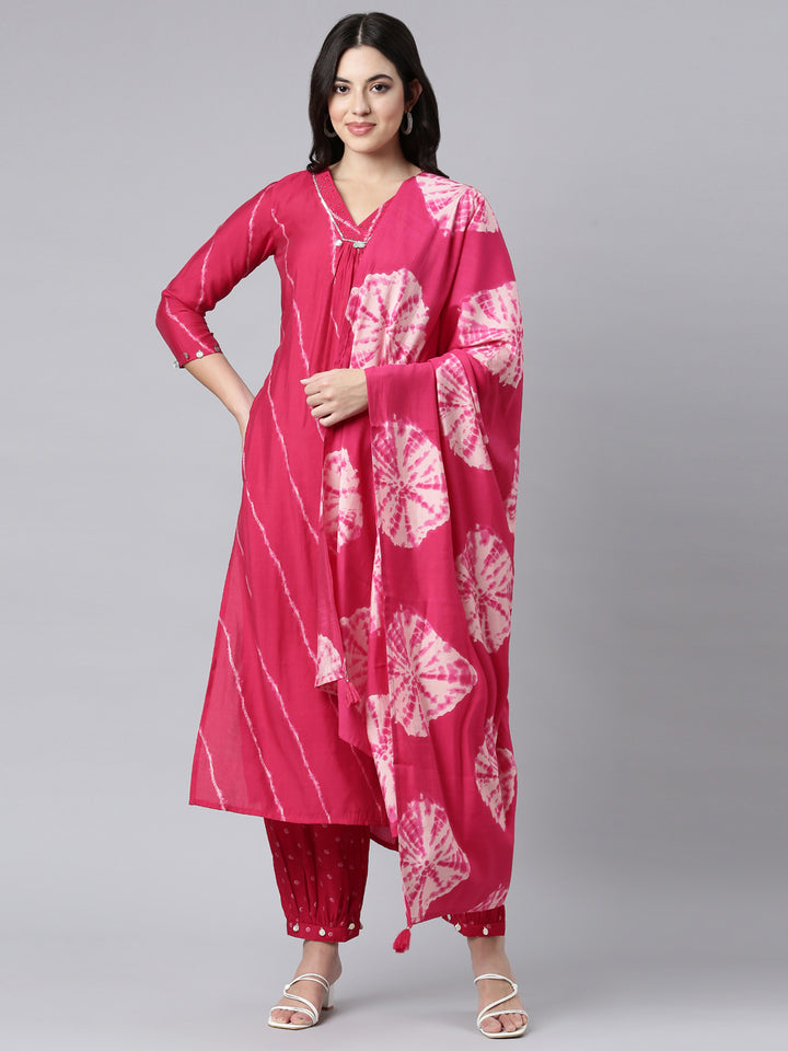 Neerus Pink printed striped straight suit set - front view