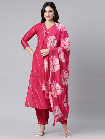 Neerus Pink Regular Straight Striped Kurta And Salwar With Dupatta