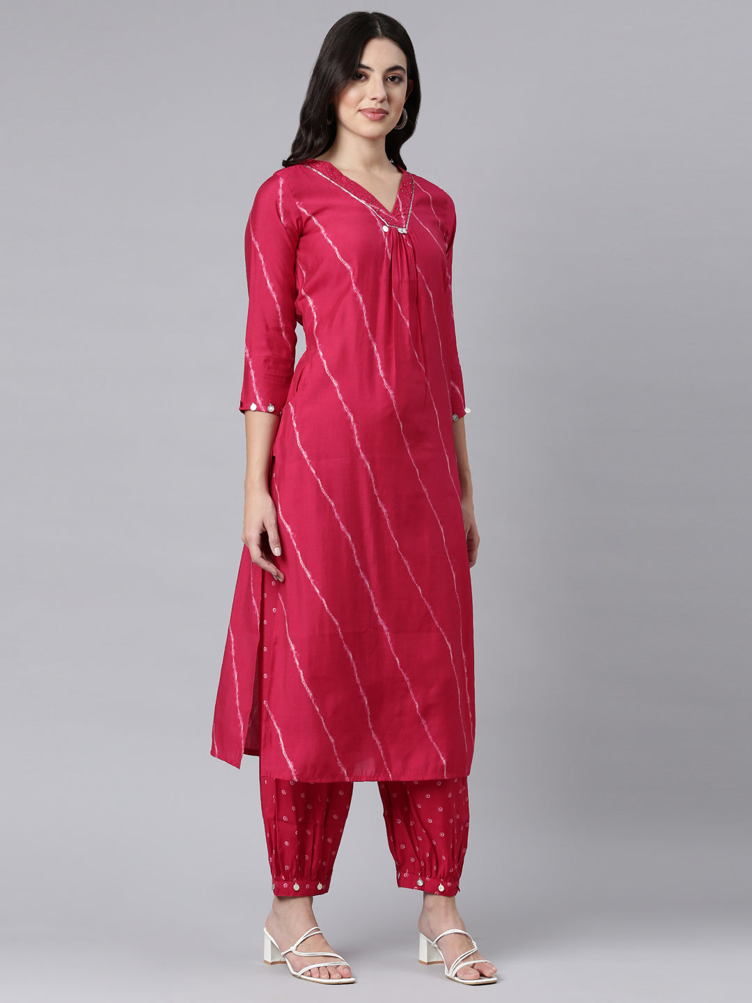 Neerus Pink printed striped straight suit set - back view