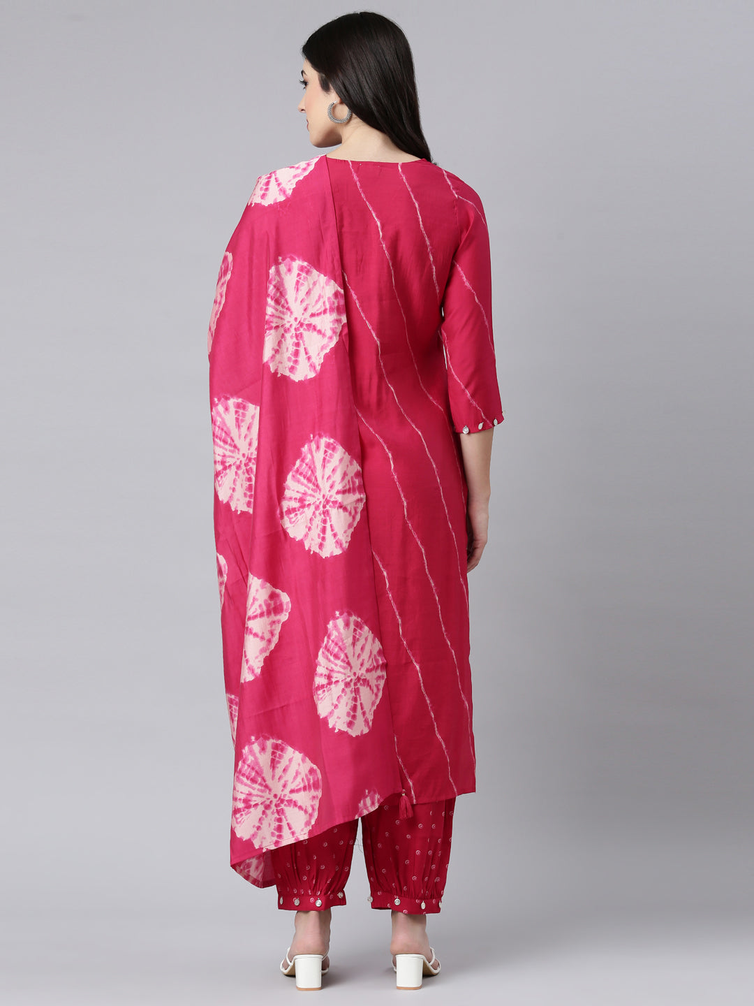 Neerus Pink printed striped straight suit set - side view