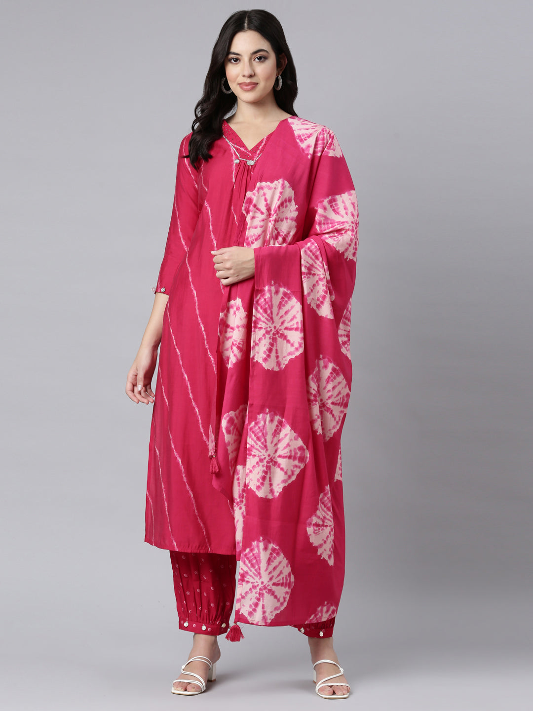 Neerus Pink printed striped straight suit set - detail view 2
