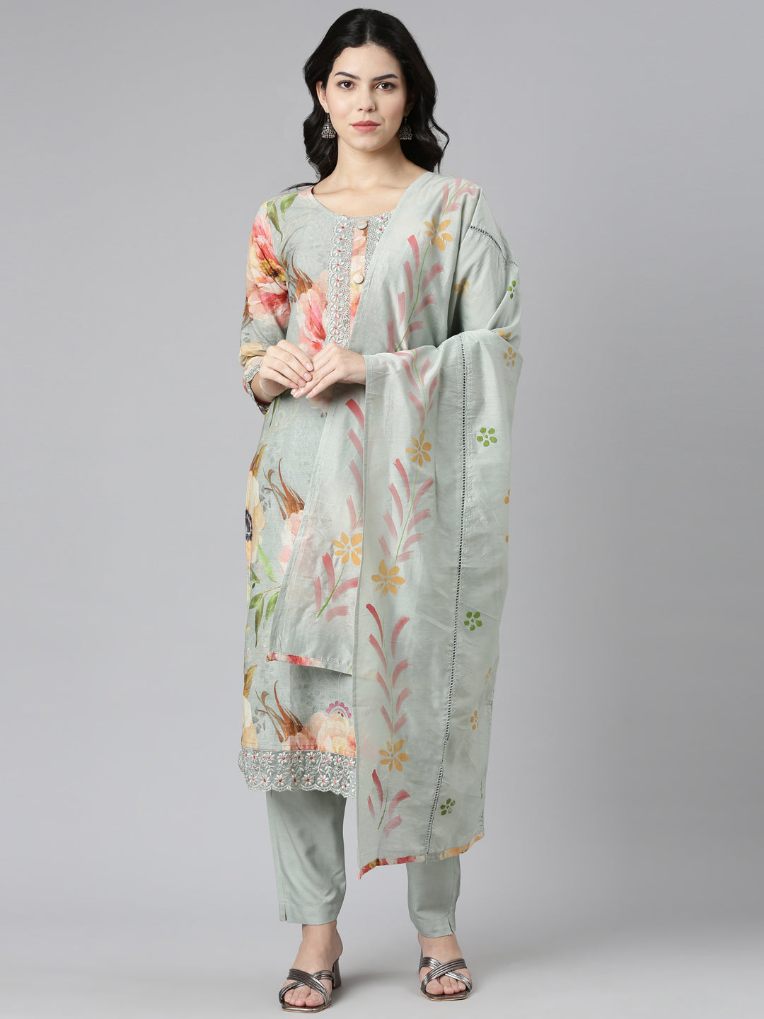 Neerus Blue Regular Straight Printed Kurta And Trousers With Dupatta