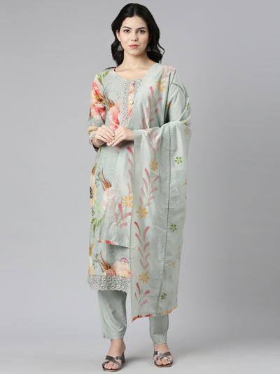 Neerus Blue Regular Straight Printed Kurta And Trousers With Dupatta