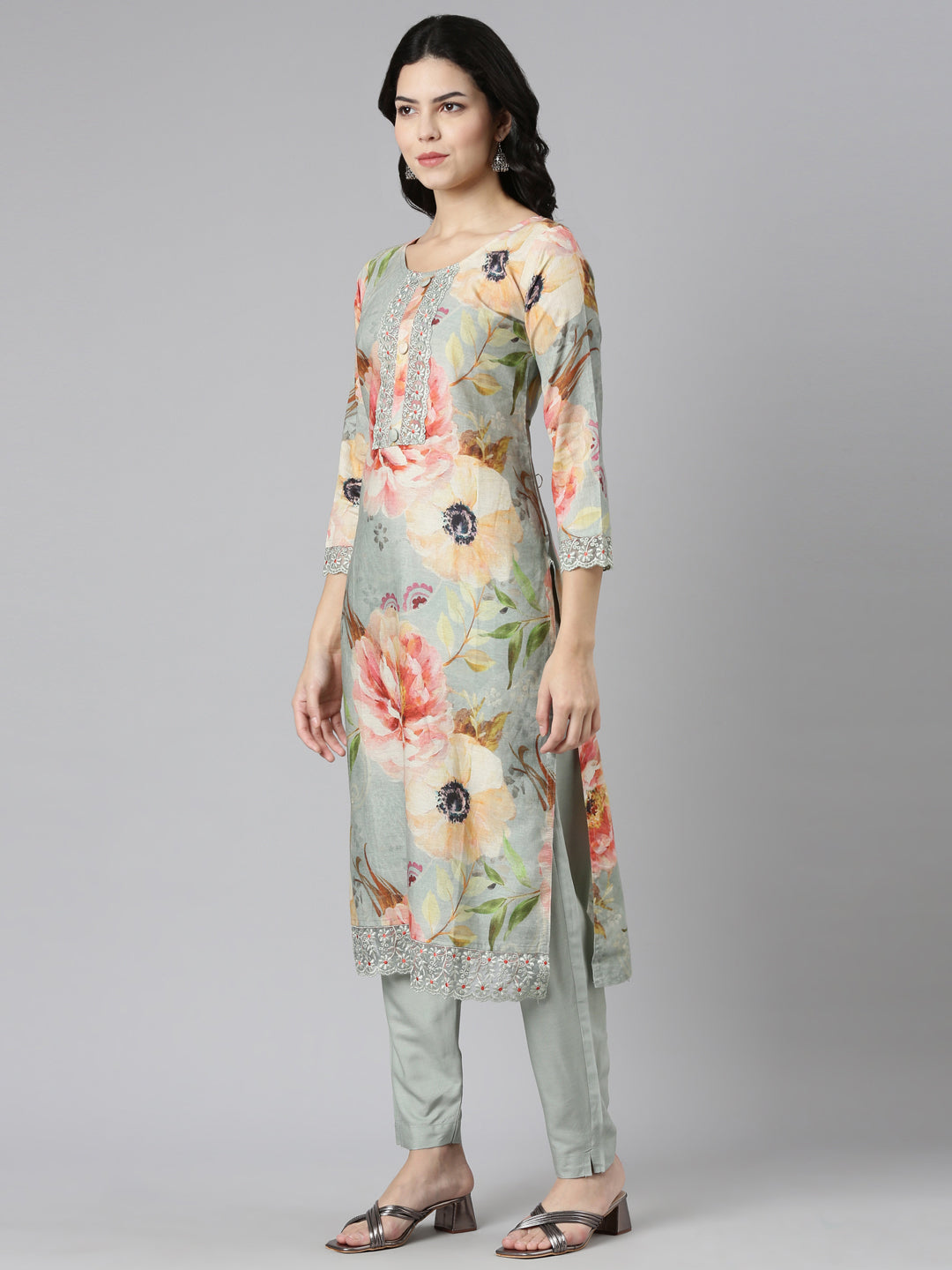 Neerus Blue printed straight kurta set with dupatta - back view