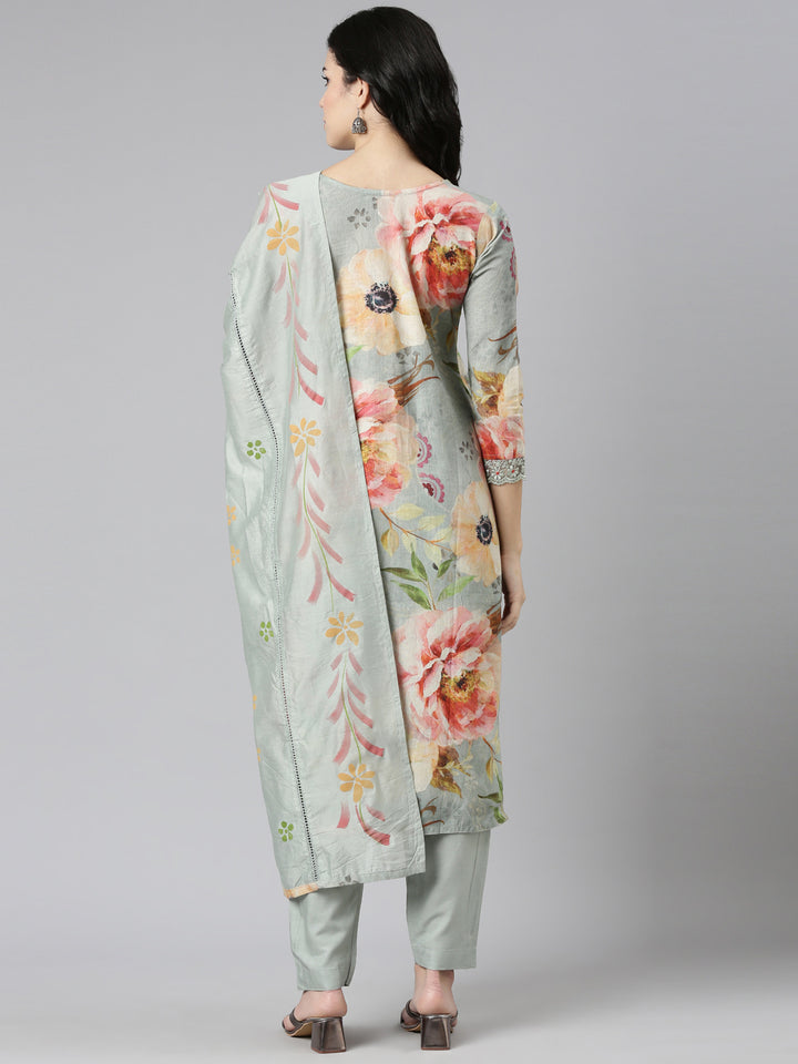 Neerus Blue printed straight kurta set with dupatta - side view