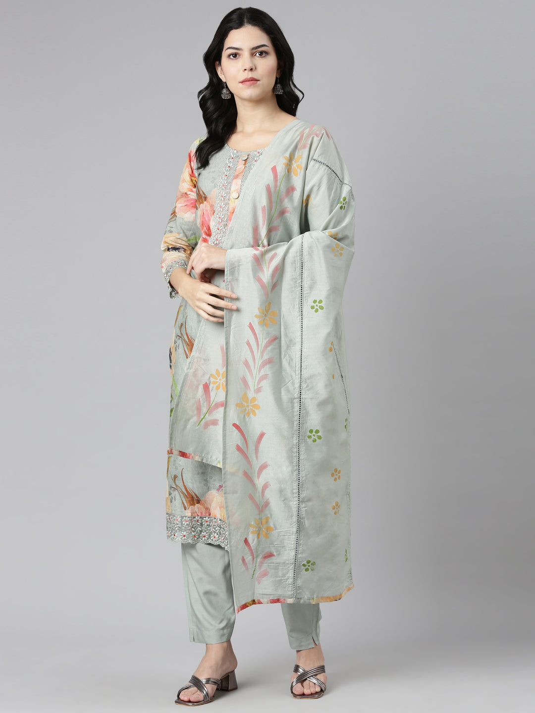 Neerus Blue printed straight kurta set with dupatta - detail view 2