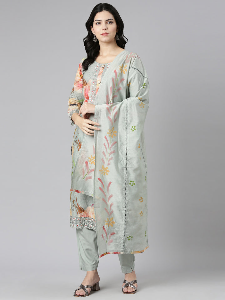 Neerus Blue printed straight kurta set with dupatta - detail view 2