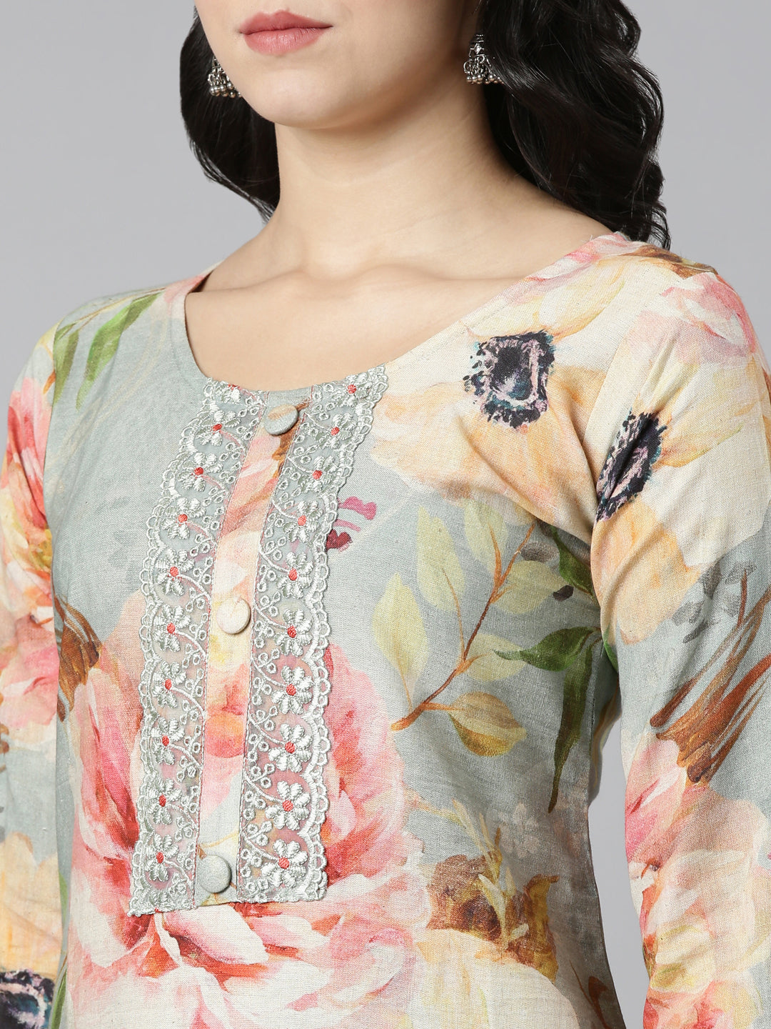 Neerus Blue printed straight kurta set with dupatta - detail view 1